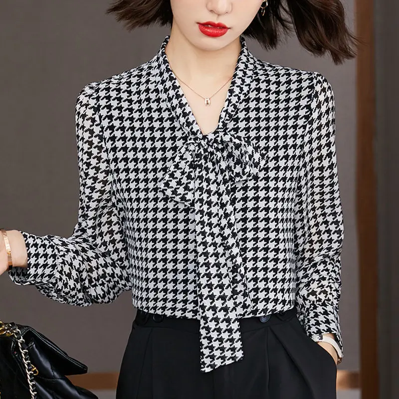 Elegante botão emendado houndstooth laço acima blusa feminina roupas primavera 2023 nova coreano pullovers chiffon escritório senhora camisa