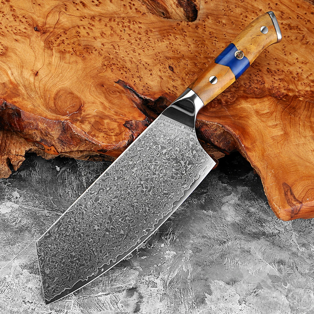 7.5 Inch Japanese Cleaver Knife,Damascus Steel Kitchen Knife,Stabilized Wood & Resin Handle, Butcher Knife for Meat,Vegetables