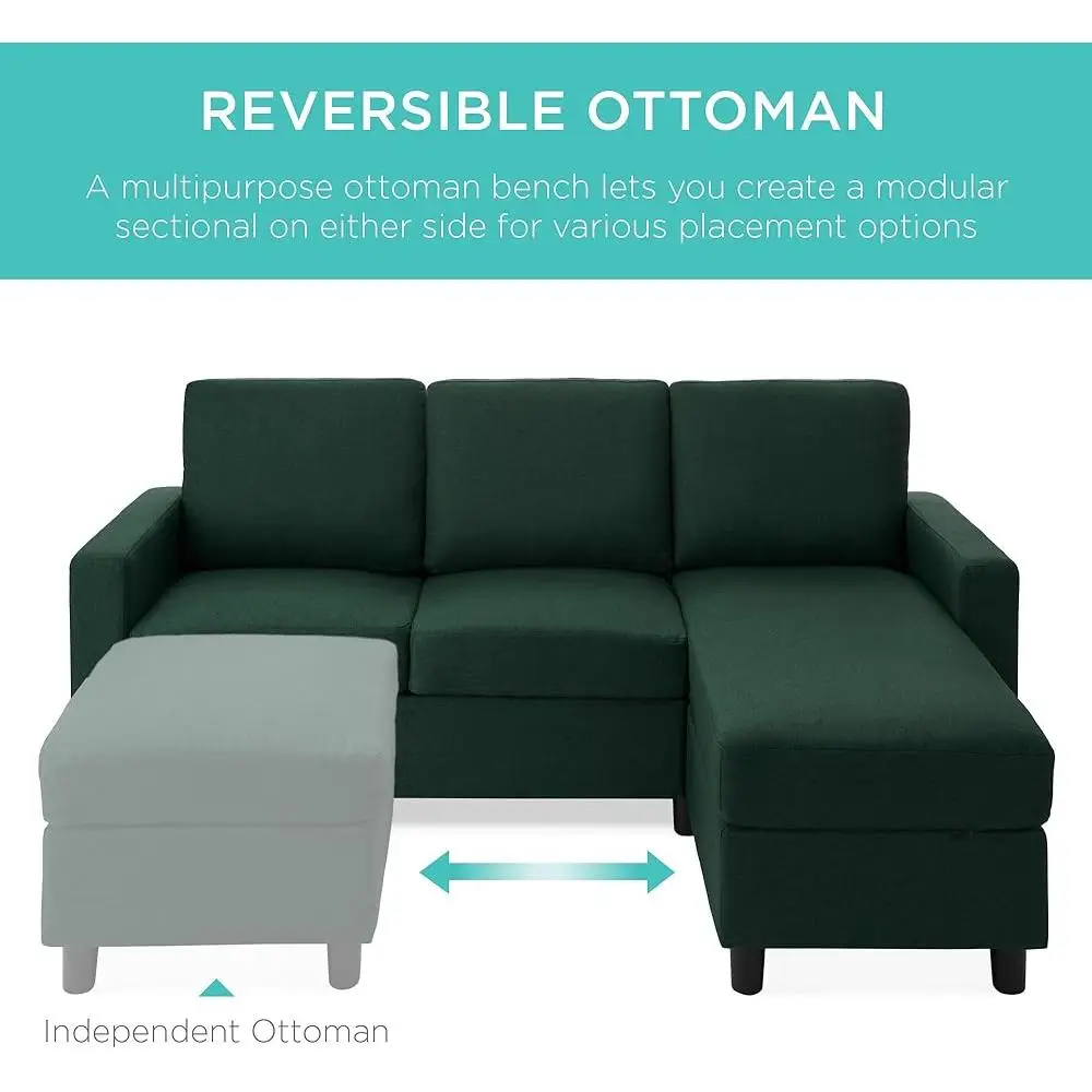 Upholstered Sectional Sofa with Reversible Ottoman Compact L-Shape Design Apartments Dens Dorms Easy Assembly 3 People