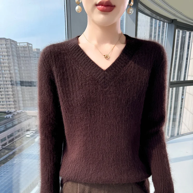 Basique femmes 100% vison cachemire pull solide pull nouveau automne hiver chaud à manches longues col en v cachemire tricots vêtements haut