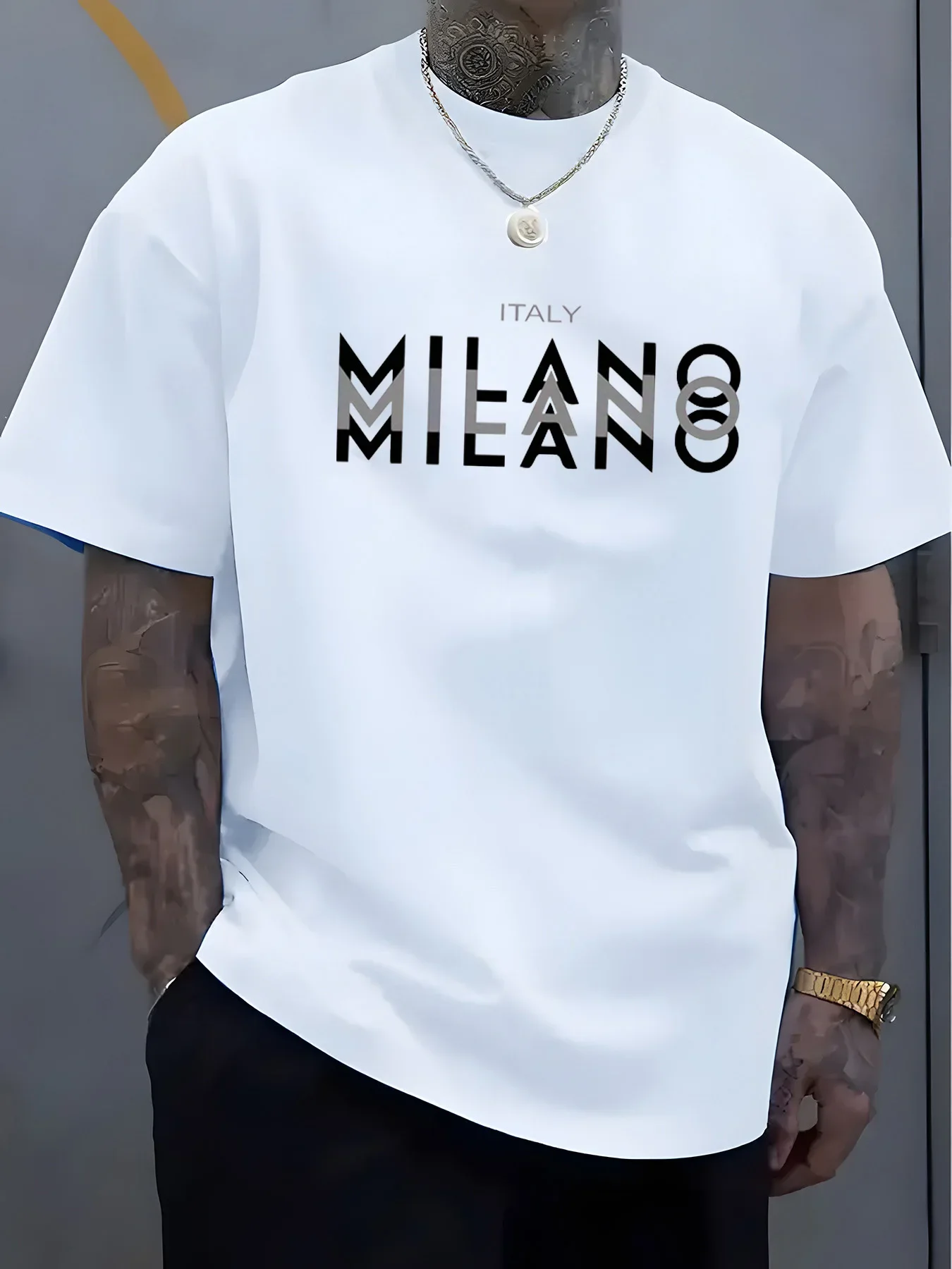 

Summer men's comfortable round neck short-sleeved casual T-shirt Italian Milan print pattern