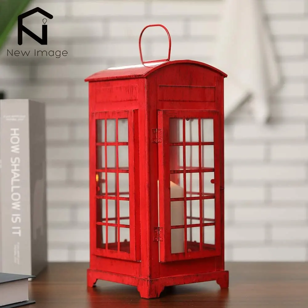 Vintage Candle Holder Lantern Red Decorative Hanging Lantren Telephone Booth Shaped Lantern for Living Room Party Home Decor