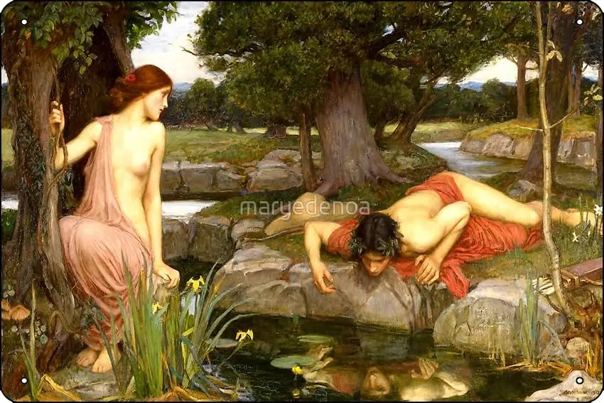 and Narcissus - John William Waterhouse Poster Metal Sign Decor - 8 x 12inch Bar Pub Garage Man Cave Wall Art