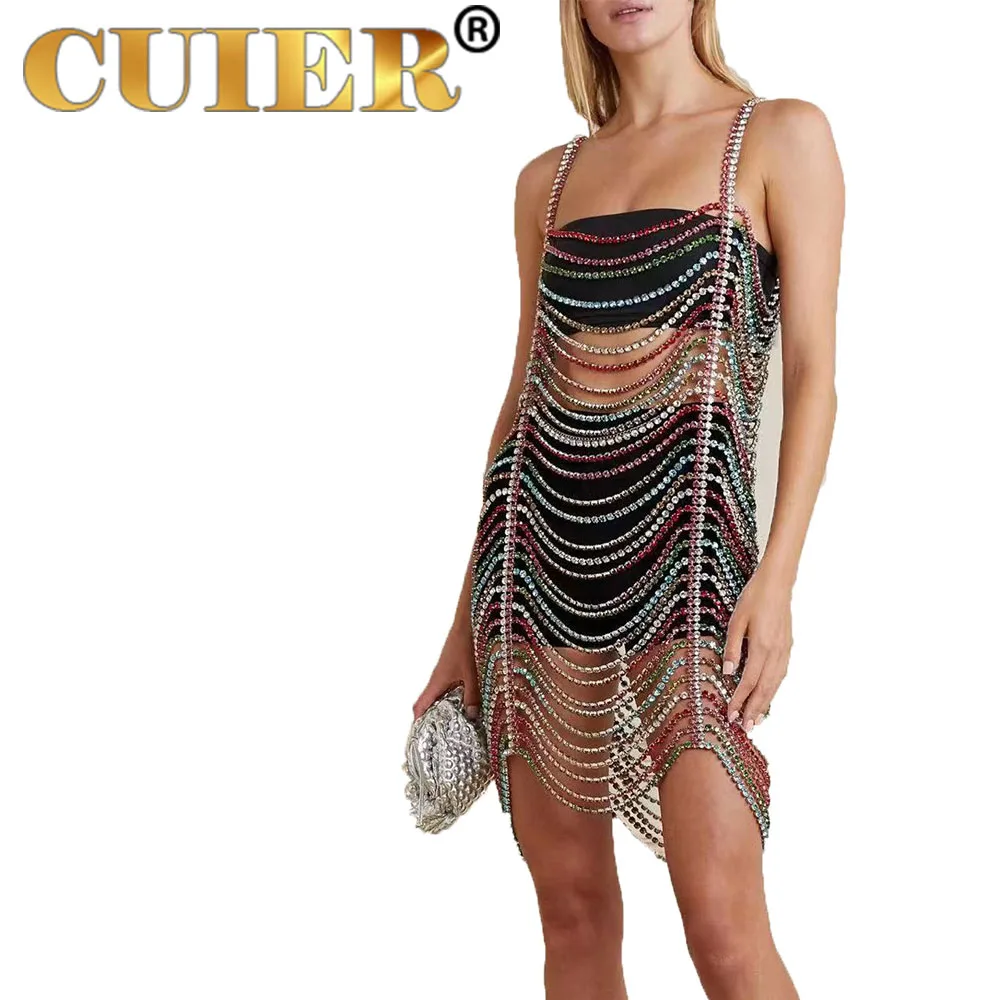 CUIER 4lb Heavyweight Craft Rainbow SS28 Women Rhinestone Dress Strong Metal Chain Tassel Backless See Through Female Mini Dress