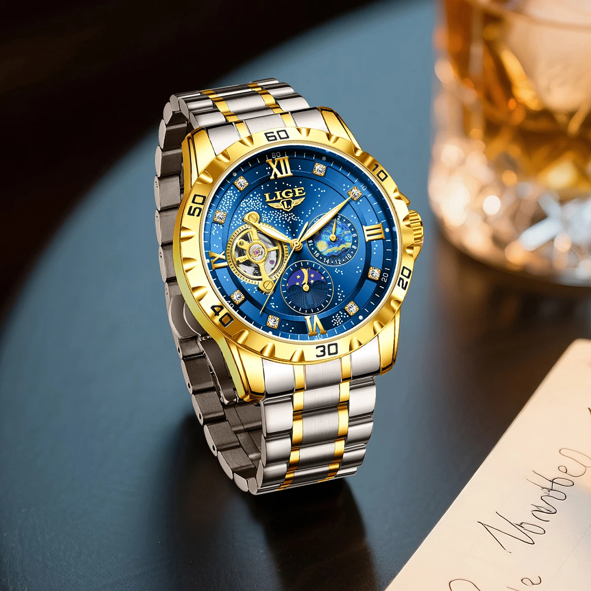 LIGE Creative The Starry Night Theme Men Watch Stainless Steel Mechanical Wristwatches Luminous Waterproof Man Automatic Watch