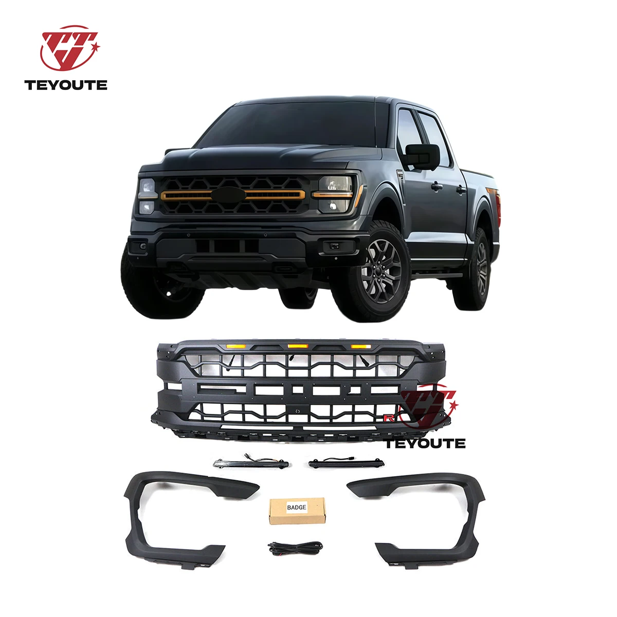 

TEYOUTE 2025 Matte Black Front Grille Bumper W/LED Amber & Light Bar Fits For Ford F150 XL STX XLT TREMOR Modified Accessories