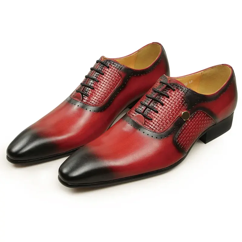 Men\'s New Business Leather Shoes Summer Lace-Up Fashion Red Black Hand Carved Wedding Anniversary Office Oxford Shoes Adult