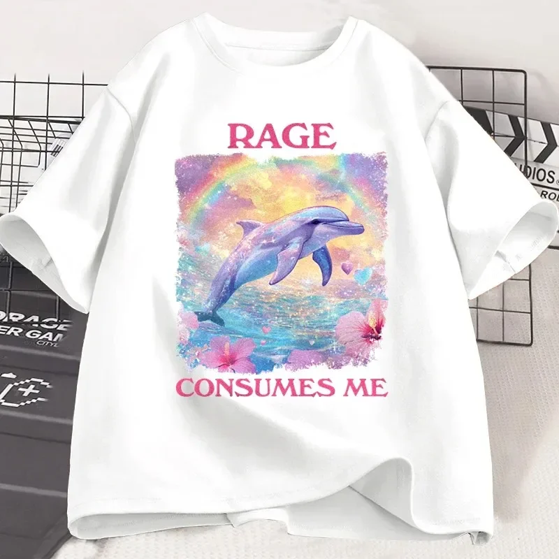 Funny Rage Consumes Me T-shirt Short Sleeve Meme T Shirt Weird Silly Dolphin Vintage Tshirt Trending Women Designer Clothes