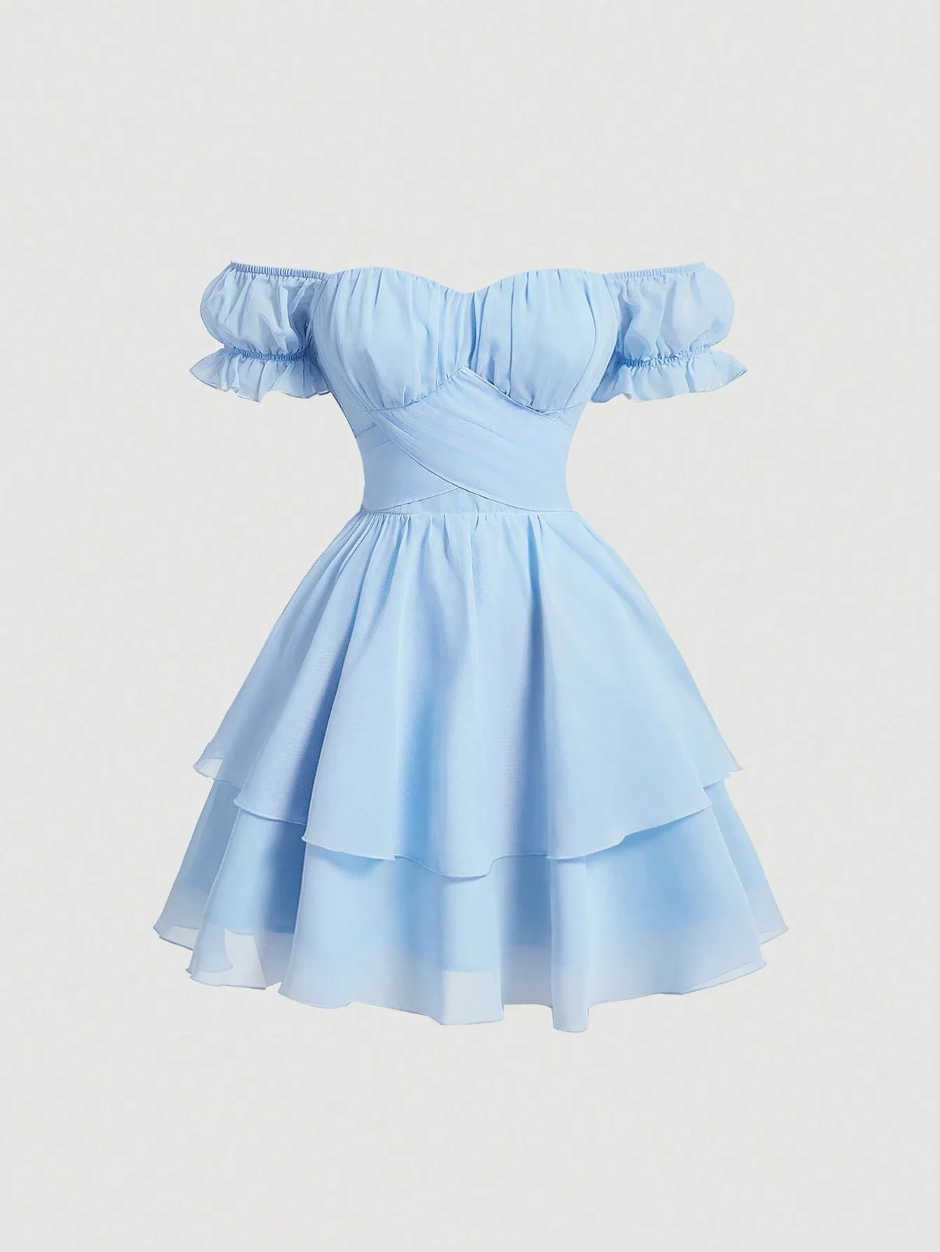 

Однотонное винтажное мини-платье А-силуэта с открытыми плечами, рюшами и бантом