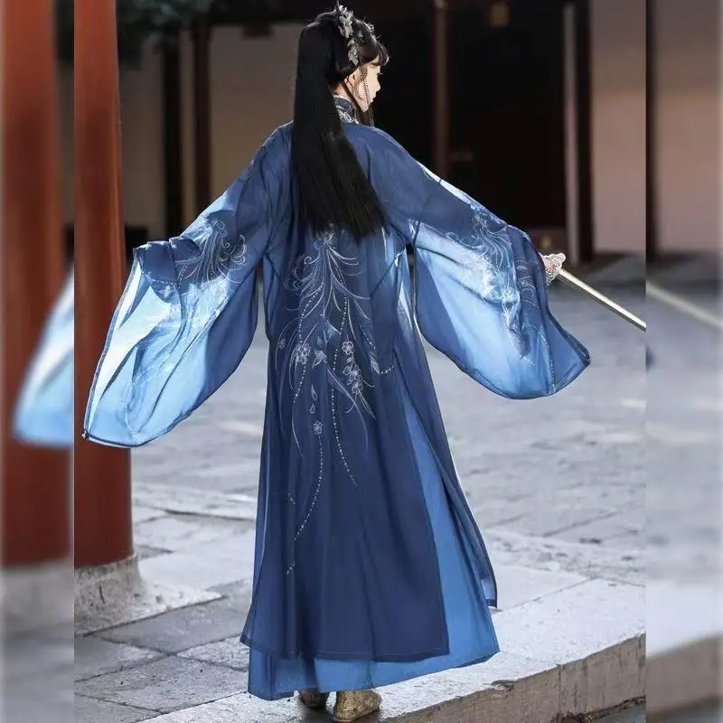 Blue Printing Hanfu Men Women Traditional Chinese Clothing Large Sleeve Long Robe Carnival Party Wuxia Cosplay Costume Han Suits
