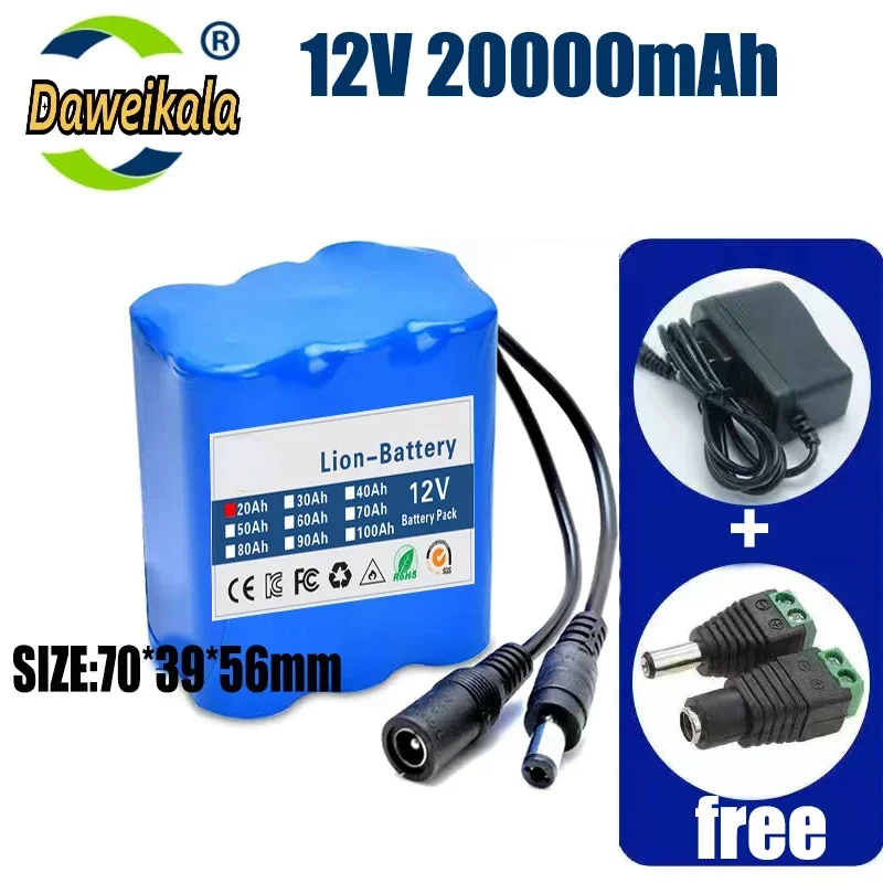 Nwe Portable Super 12V 20Ah-50Ah Battery Rechargeable Lithium Ion Battery Pack Capacity DC 12.6v10Ah CCTV Cam Monitor+Charger