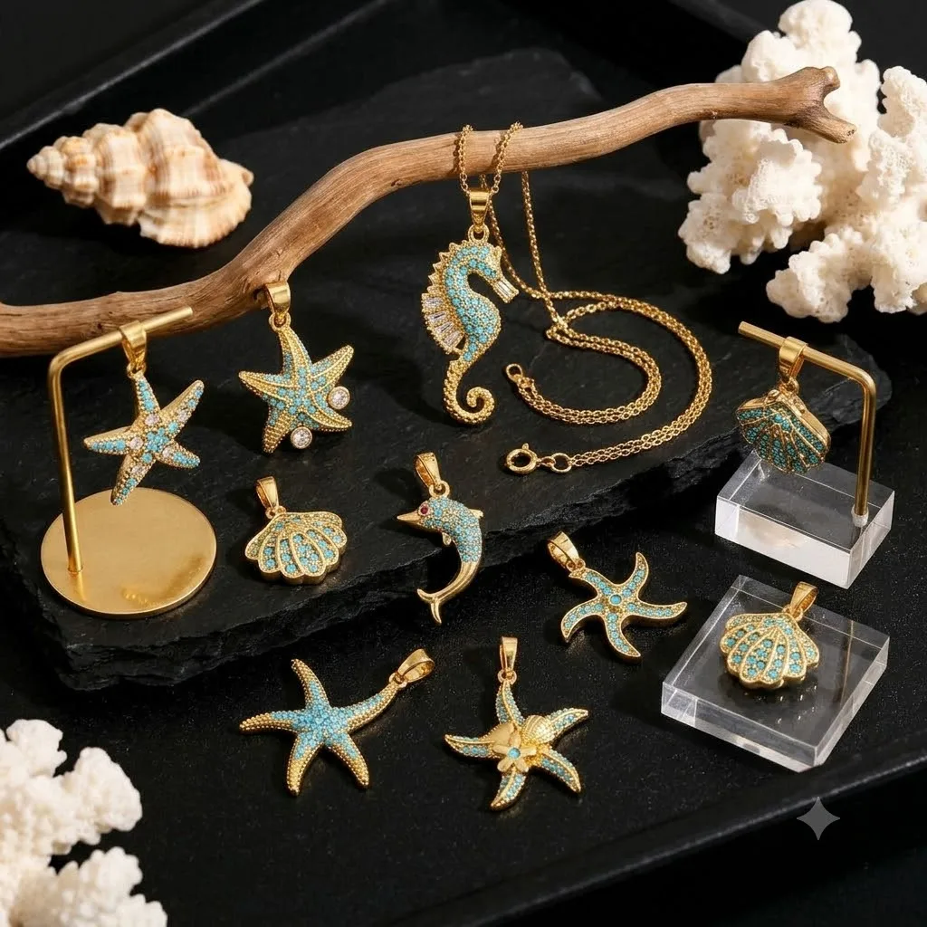 2 Stück blaue Zirkonia-Ozean-Anhänger in Seestern- und Muschelform, Melonen-Anhänger für DIY-Halsketten, Ohrringe, Schmuckherstellung, Bastelbedarf – Detail 1