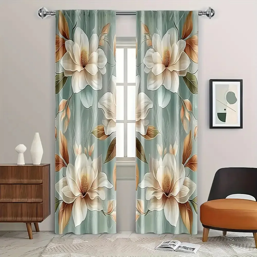 2pc White and gold floral pattern curtains, polyester fabric, machine washable, suitable for bedroom and living room décor.