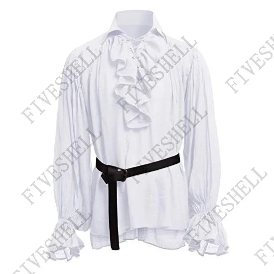 Christmas Mens Medieval Shirts Poet\'s Renaissance Cosplay Costume  Pirate Captain Lace Up Ruffle Tops Sand Collar Shirt