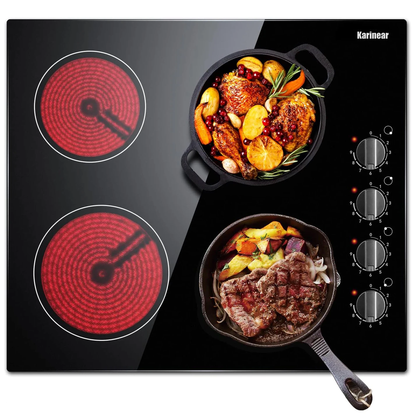 Karinear Ceramic hob 4 Burner Built in 59cm electric hob, black matt frosted ceramic glass hob with 4 individual knobs control