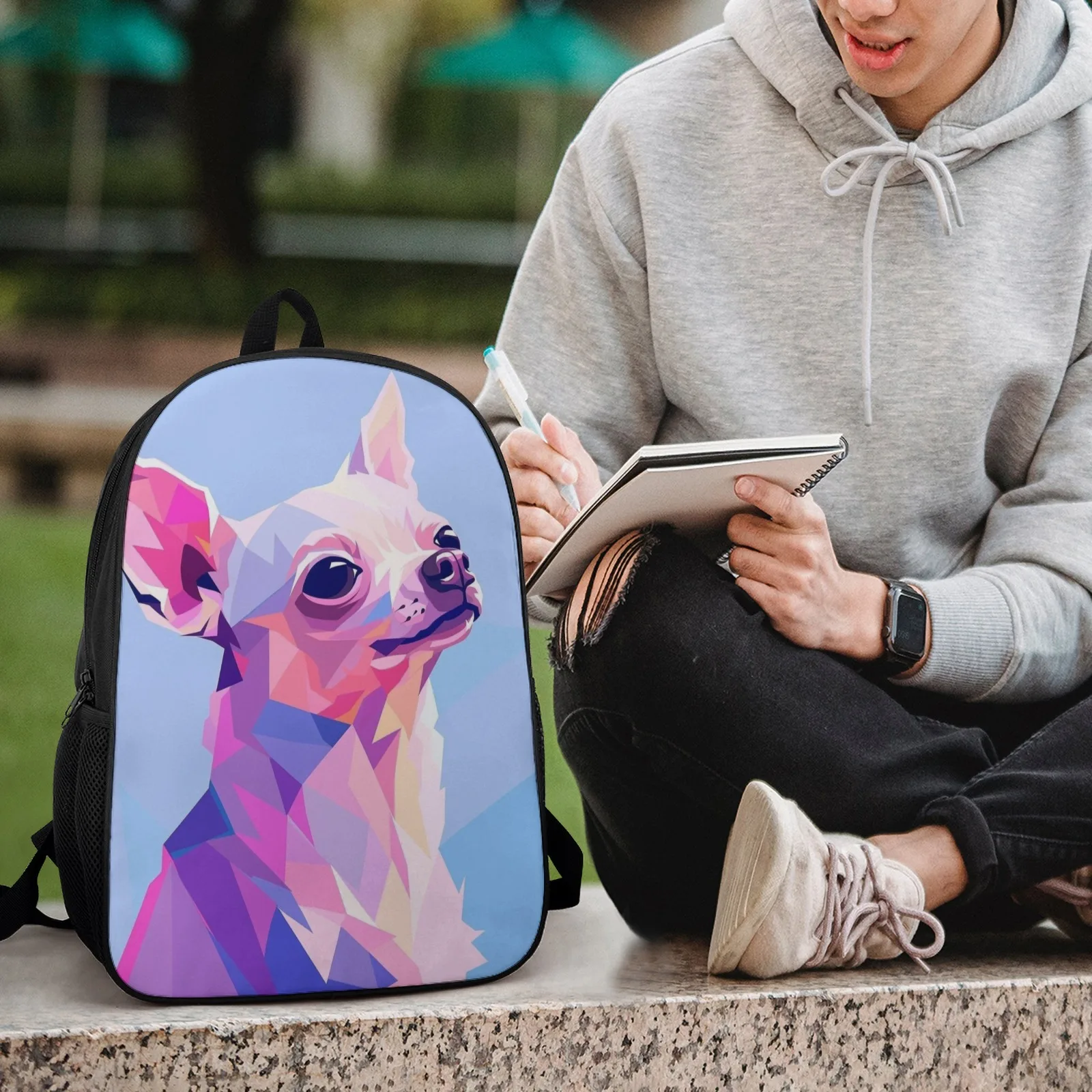 Borsa per libri stampata con faccia geometrica di Chihuahua Borsa per asilo Borsa per zaino da scuola per ragazze da 17 pollici