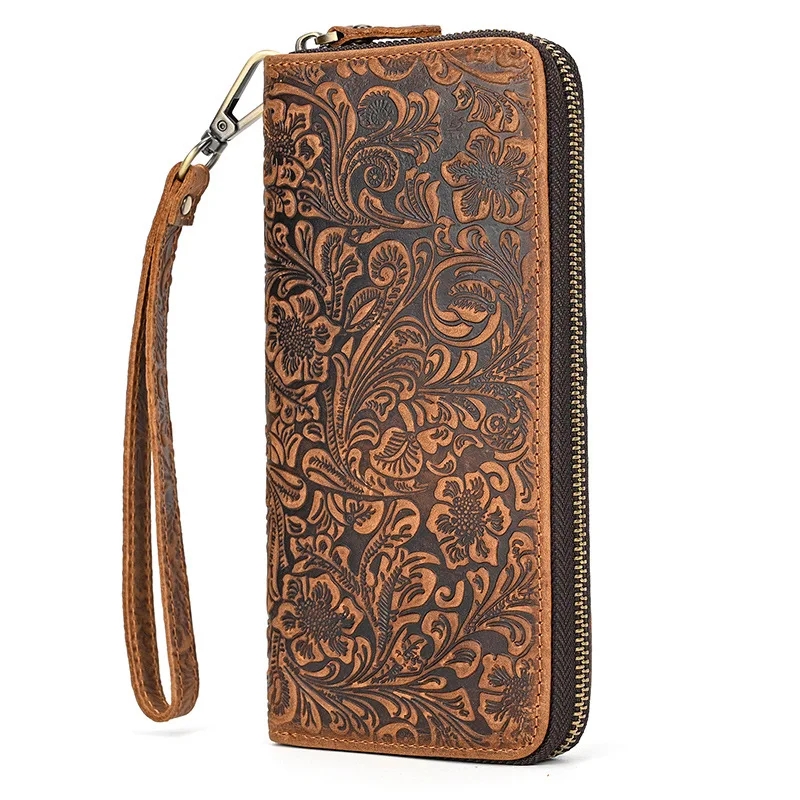 

Crazy horse leather retro embossed zipper wallet with hand strap multi-card position mobile phone change bag fashionable simple