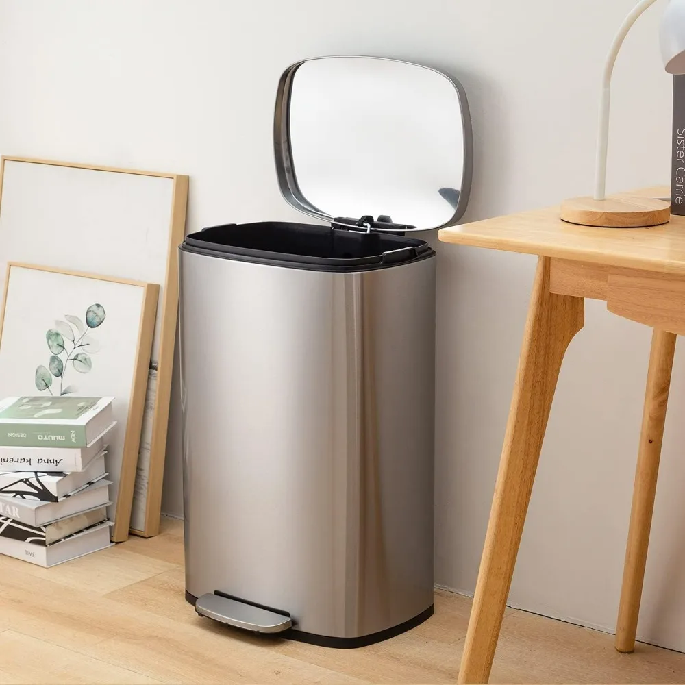 13 Gallon 50L Kitchen Step Trash Can with Lid Fingerprint-Proof Brushed Stainless Steel Garbage Bin for Office Bedroom Bathroom