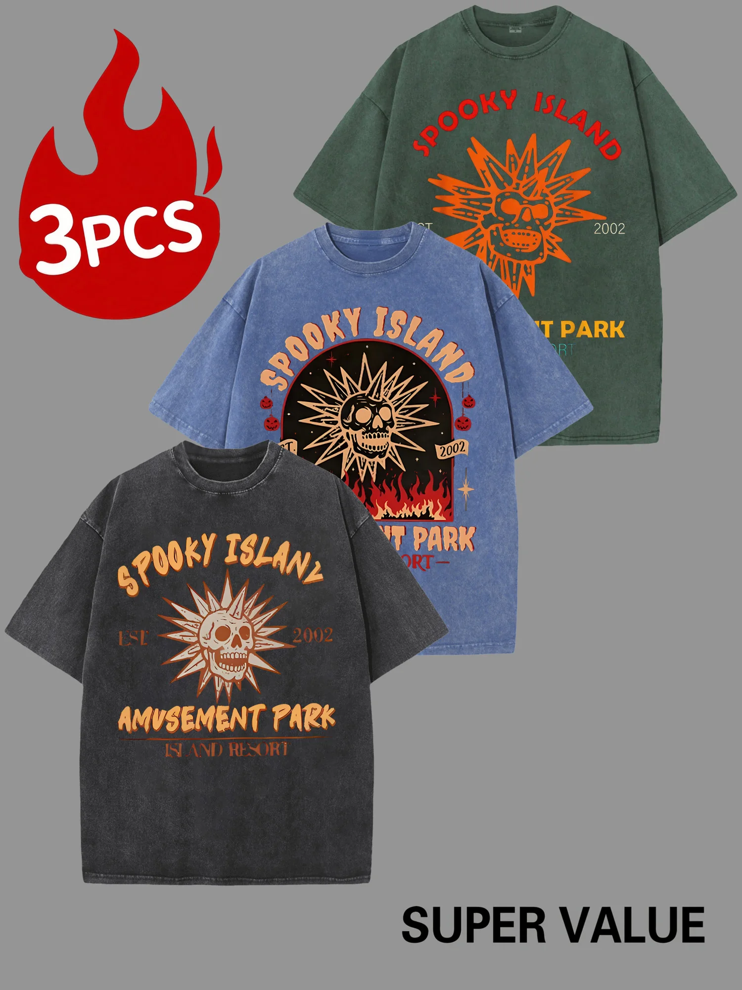 

Ghost Island Monster Amusement Park, Skull Island, Retro washed cotton men's T-shirt, 2002 historical black fun style T-shirt