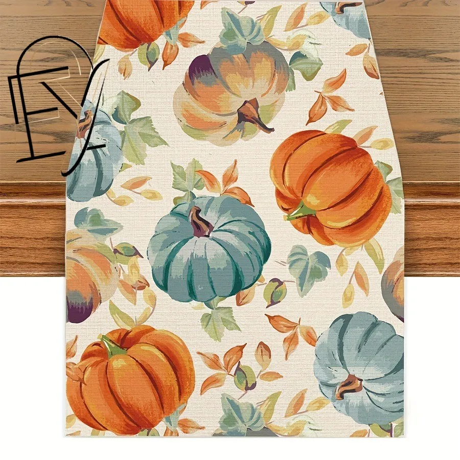 Linen Table Runner Blue White Pumpkins with Autumn Foliage on Beige Elegant Fall Table Decoration Thanksgiving