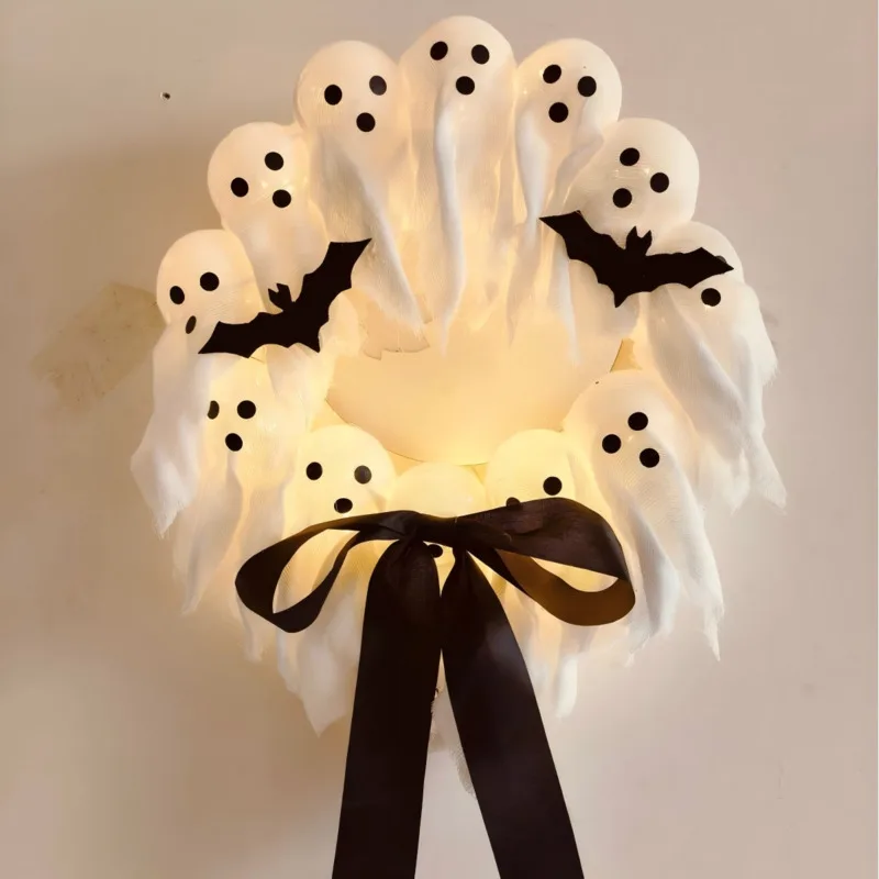 35x35cm-ledライト付きハロウィンゴーストリース-リモコン付きボウガーランド-玄関ドア用吊り下げパーティーデコレーション-ポーチ装飾