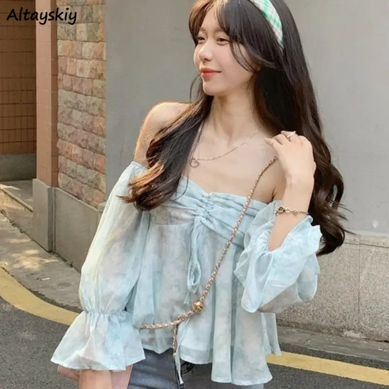 

Tie Dye Blouses Women Chic Slash Neck Hotsweet Crop Tops Summer Ruffles Temper All-match Korean Style Sexy Casual Popular Newly