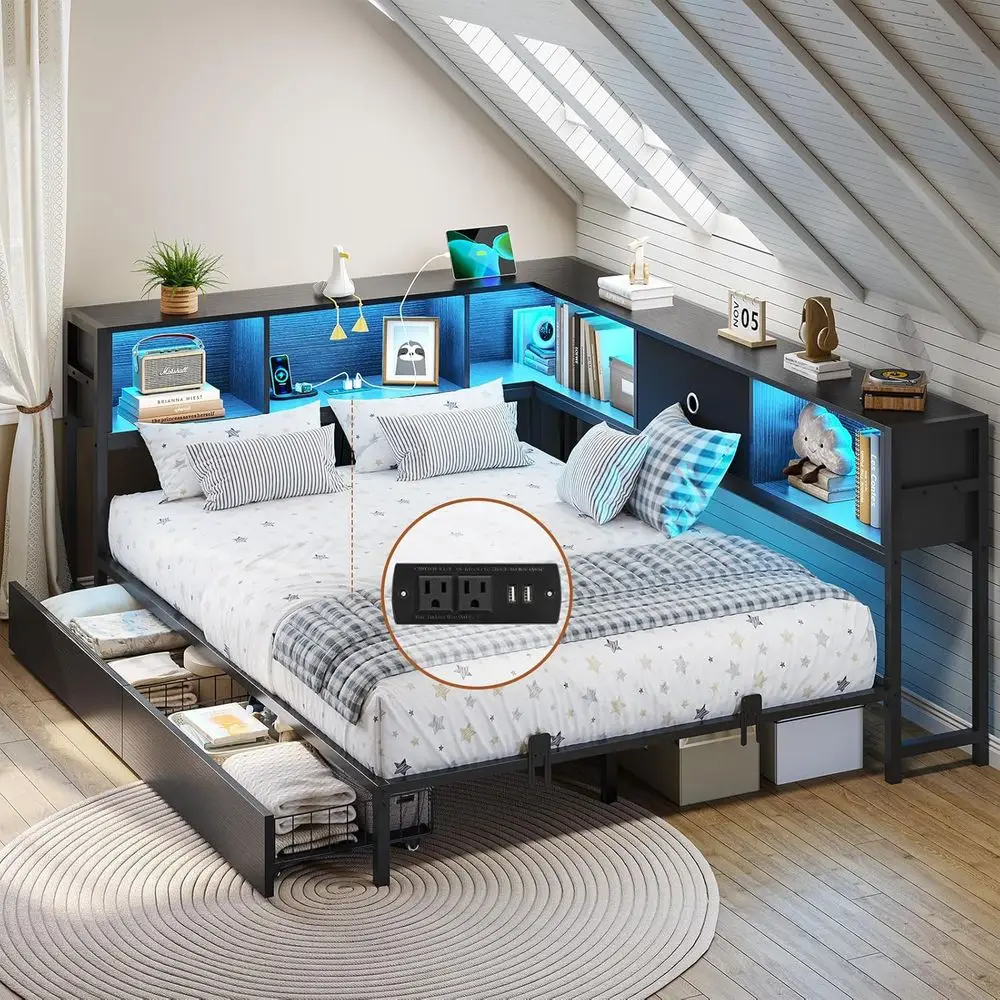 Full Size Metal Daybed with Bookcase, Storage Drawers, LED Lights, and Charging Station - Black