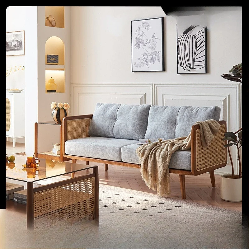 

New Chinese-style backrest sofa living room winter and summer dual-purpose rattan solid wood three-person sofa balcony B & B Fos