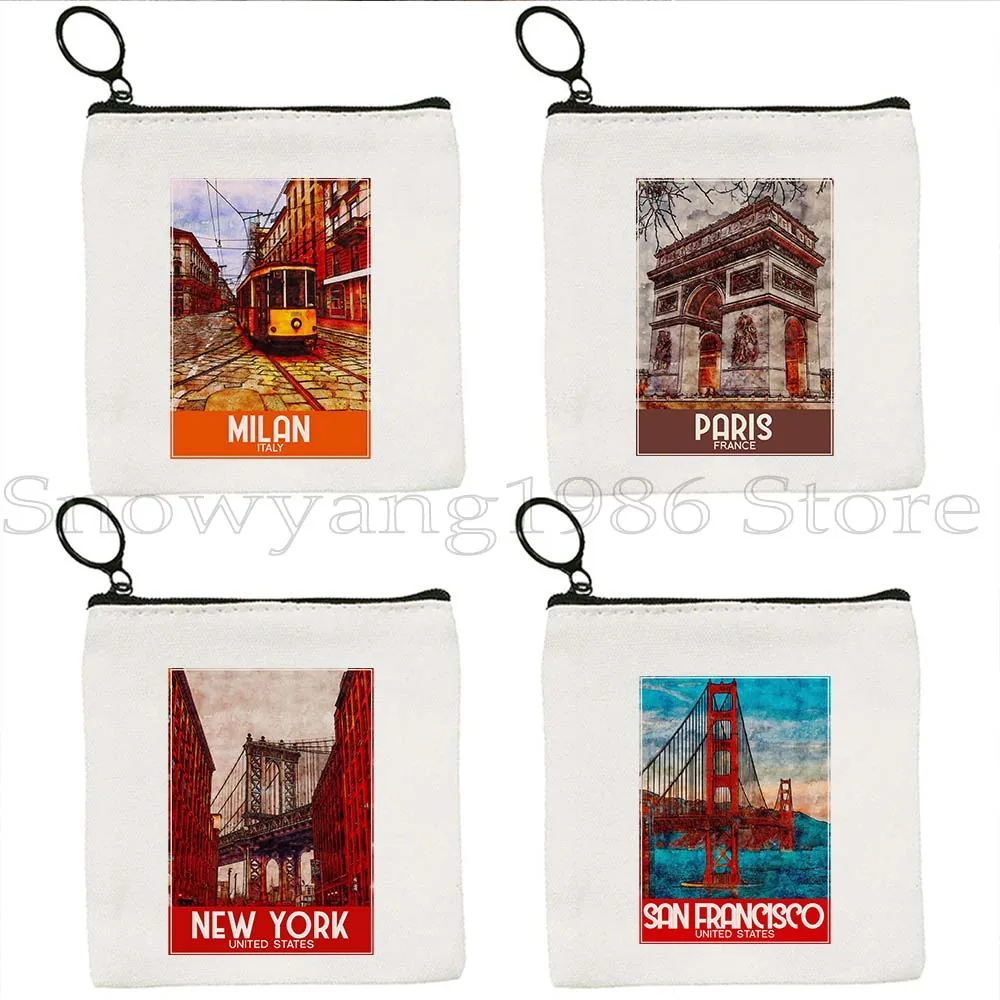 

Las Vegas Milan Munich New York Orlando Ottawa Paris Phuket Porto Quebec Seattle Warsaw Watercolor Coin Purse Key Case Bag Pouch