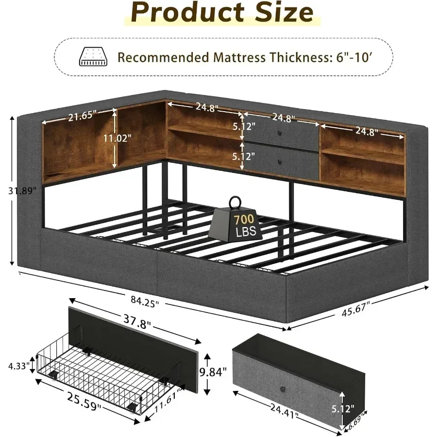 Corner Bed Frame with Storage Drawers and LED Lights, Upholstered Daybed