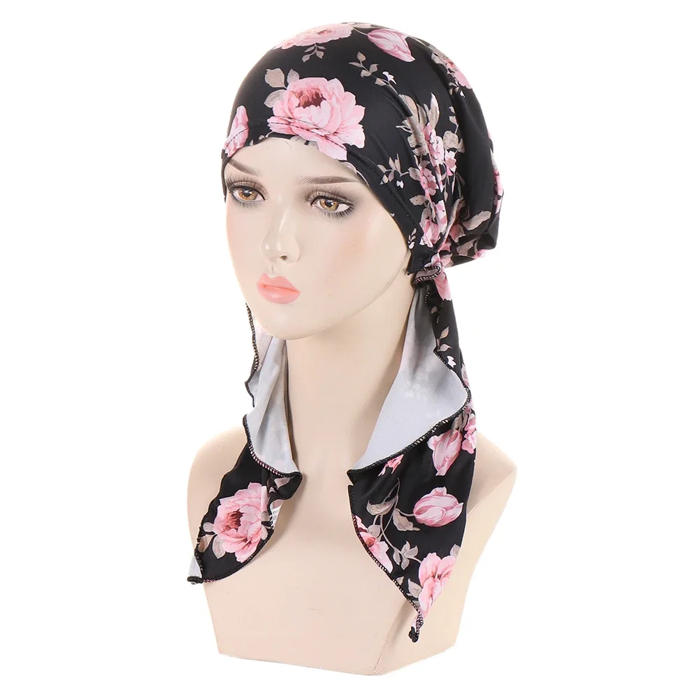 

Pre-Tied Women Chemo Inner Cap Floral Print Muslim Hijab Turban Bandanas Headscarf Wrap Bonnet Cancer Hat Hair Loss Head Wrap