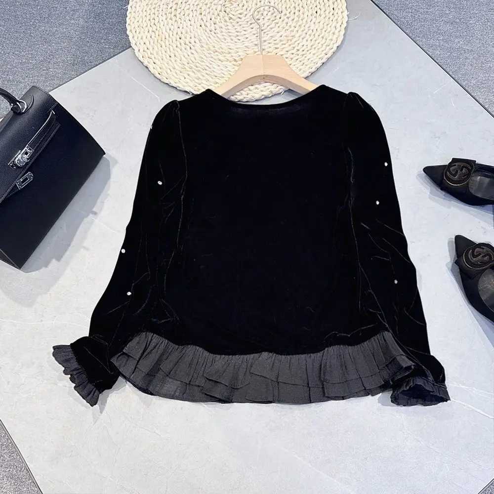 Velvet Rhinestone Ruffled Patchwork Top Slim Fishtail Skirt 2-Piece Set Women Outfit Luxury Long Sleeve Top High-Waisted Skirt