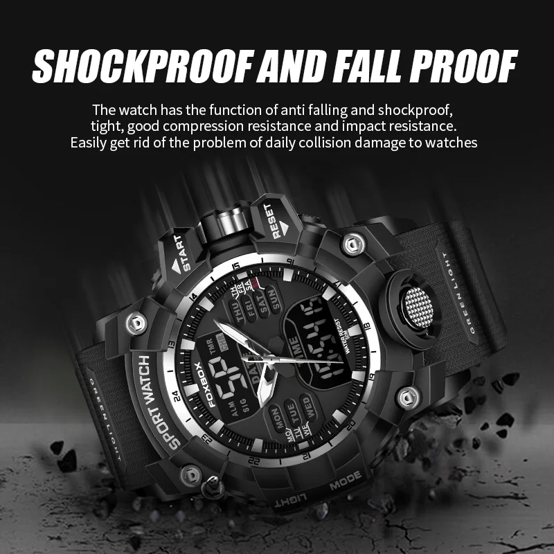 FOXBOX 탑 브랜드 럭셔리 남성용 쿼츠 손목시계, 비즈니스 실리콘 스포츠 방수 시계, 남성 패션 밀리터리 디지털 시계