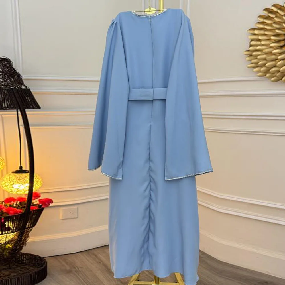 Синие платья для выпускного вечера по индивидуальному заказу, длиной до пола, с разрезом на рукавах, вечернее платье трапециевидной формы, расшитое бисером, с круглым вырезом, платье на день рождения