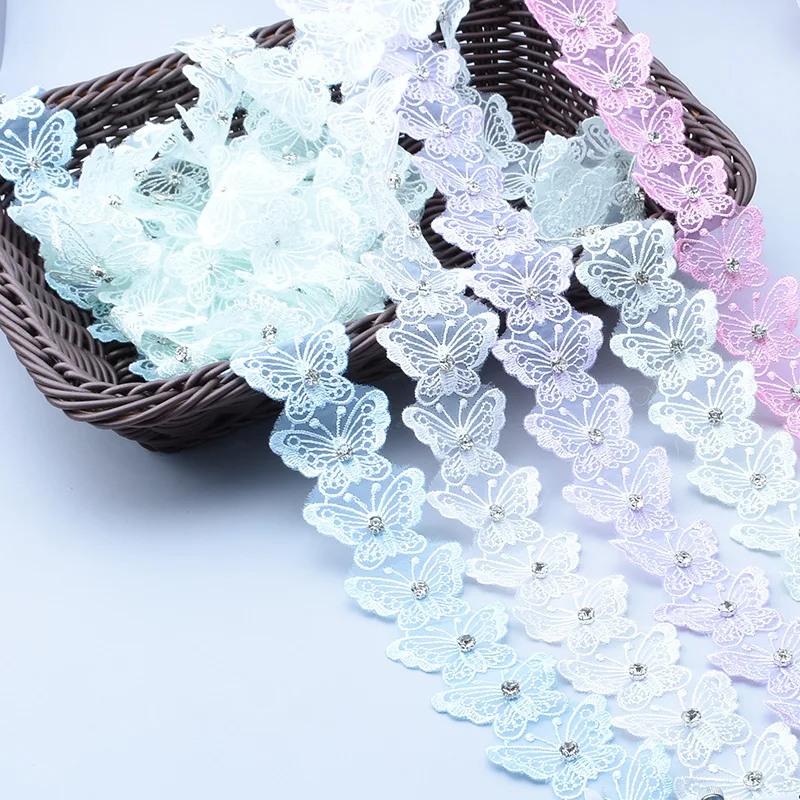 Finiture in pizzo di organza ricamate a farfalla con strass da 4,5 cm - 20 metri/rotolo per toppe per abbigliamento, decorazioni per borse, artigianato fai da te e arte tessile