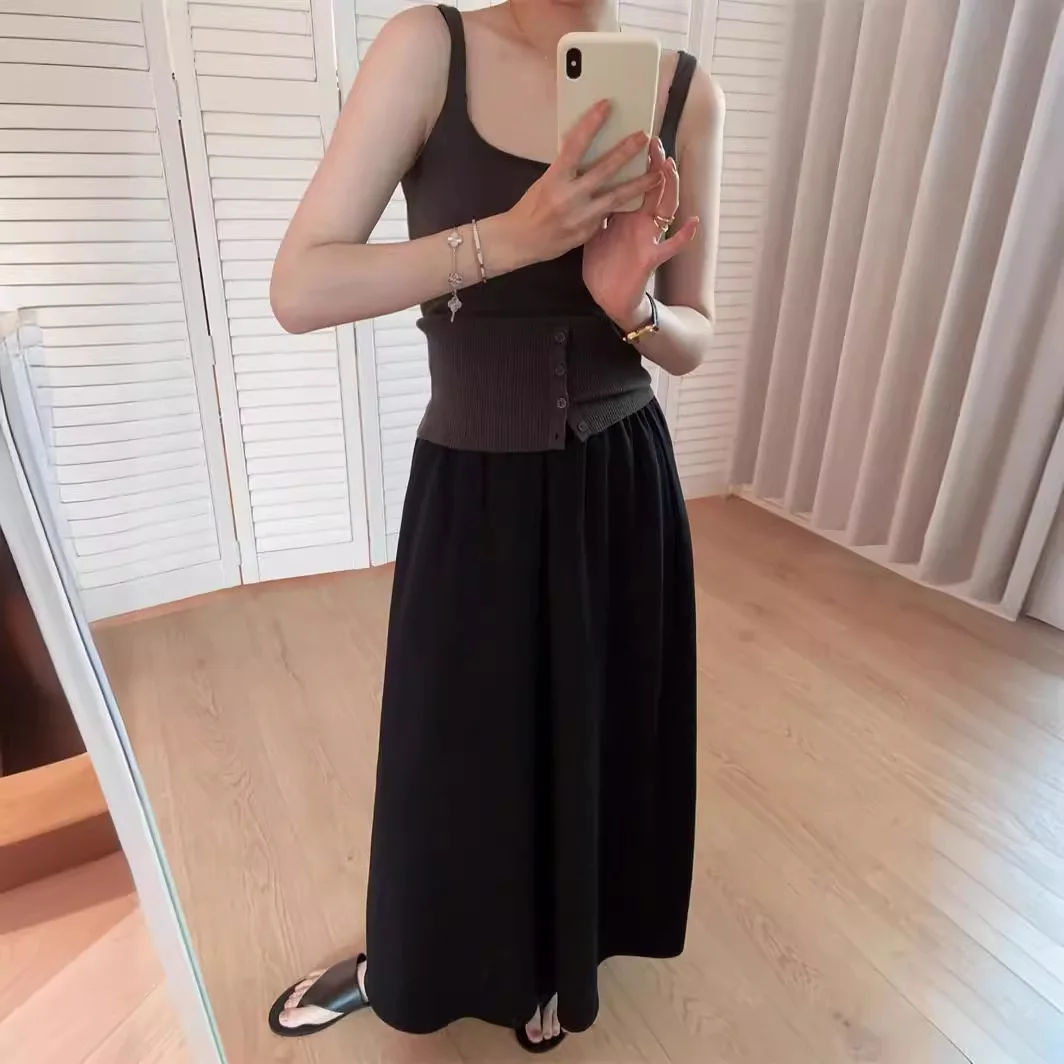 

7744 Summer 14-Gauge Acetate High Twist Cotton Square Neck Concealing Side Breast Waist-Tightening Button Split Knitted Camisole