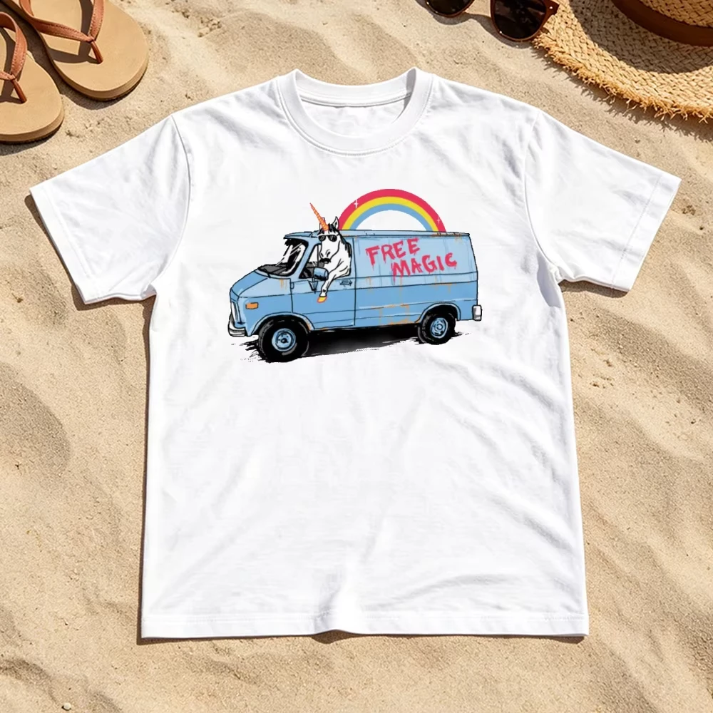 Magic Unicorn Van Women White Graphic Tee Shirt Cute Rainbow Animal Print Top Summer Funny Cartoon Streetwear T Shirt