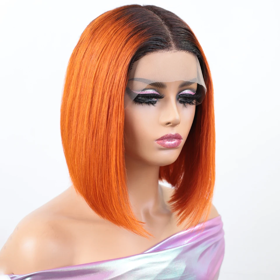 Lekker Ombre Ginger Orange Short Straight Bob 13X1 T Lace Front 100% Human Hair Wigs For Women Brazilian Remy Hair Colored Wigs