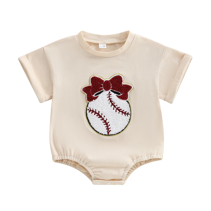 

Baby Girl Summer Casual Romper Short Sleeve Round Neck Baseball Embroidery Sweet Jumpsuit