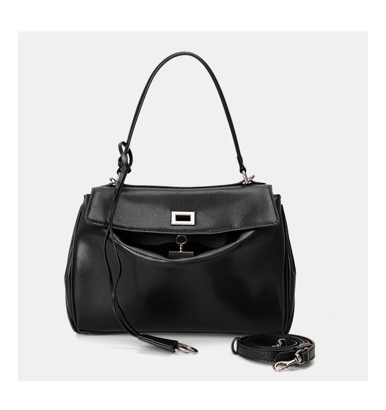 Echte Rindsleder-Handtasche für Damen, Einzel-Schulter-Umhängetasche mit Klappe und Knopf, Geräumige Hobo-Tasche – Detail 7