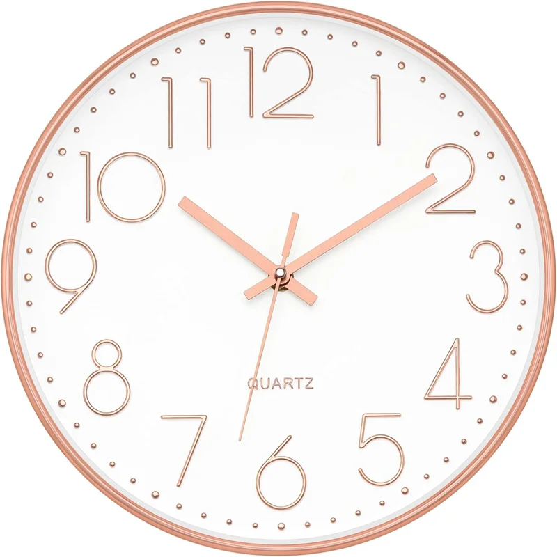 12 Inch Wall Clock, Large Silent Non-Ticking Rose Gold Wall Clock Battery Operated Round Quartz Modern