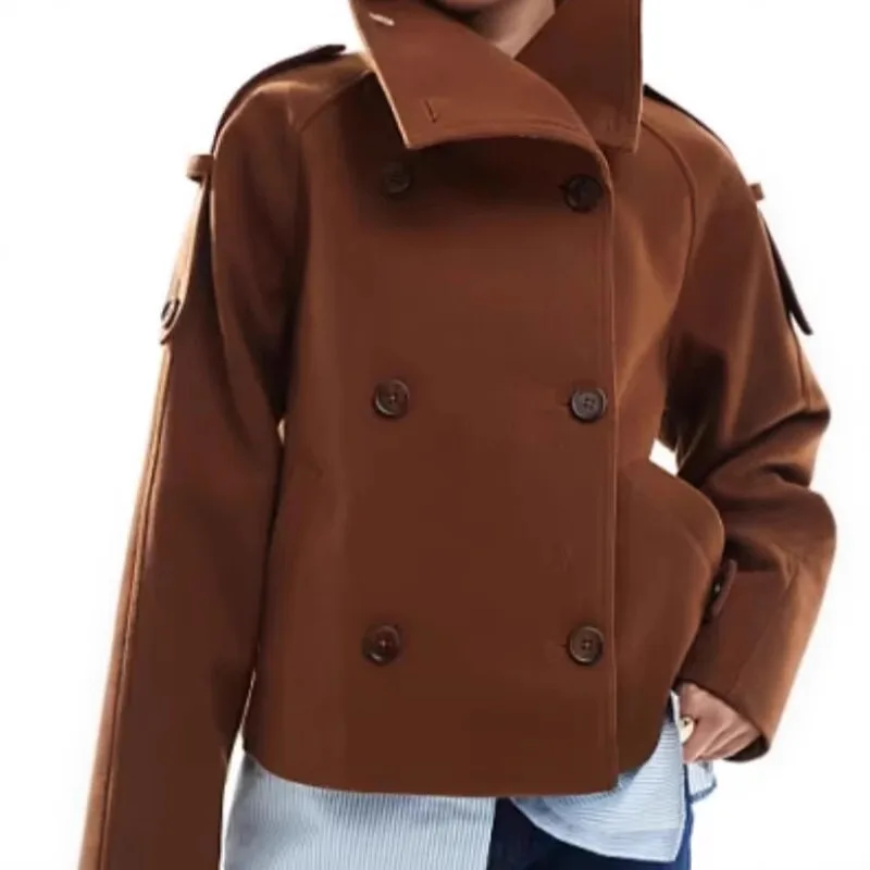 Coat women 2026 casual High-quality new tweed autumn winter double-breasted stand-up collar pocket jacket women's clothing