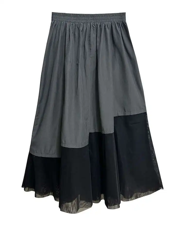 High Elastic Waist Gray Pocket Mesh Color-block A-line Half-body Skirt Women Fashion Tide New Spring Autumn