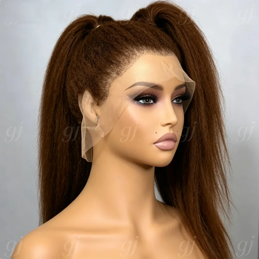Glueless 180Density Soft 26“Long Kinky Straight Yaki Soft Brown Preplucked Lace Front Wig Synthetic For Women Heat Resistant