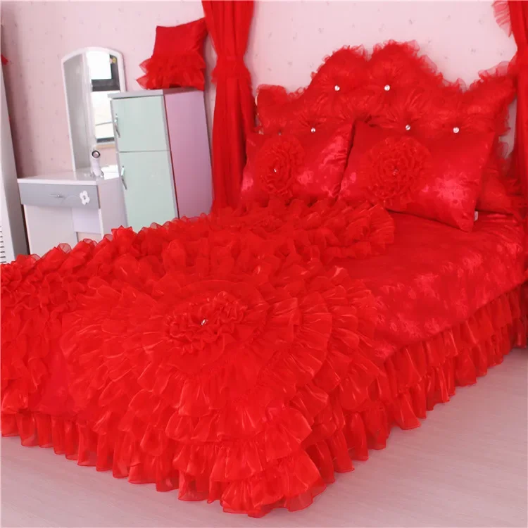 Cotton four-piece set Korean version satin pink pure cotton new princess style lace quilt set four-piece set