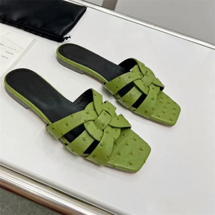 Ostrich Skin Like Flat Sandals Knitted Leather Women Shoes Summer Brand Design Slippers Sandalias