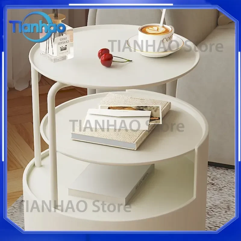 Cream Round Coffee Table for Small Spaces Gold Side Stand Sturdy Double Layer End Table Living Room Sofa Nightstand Nordic