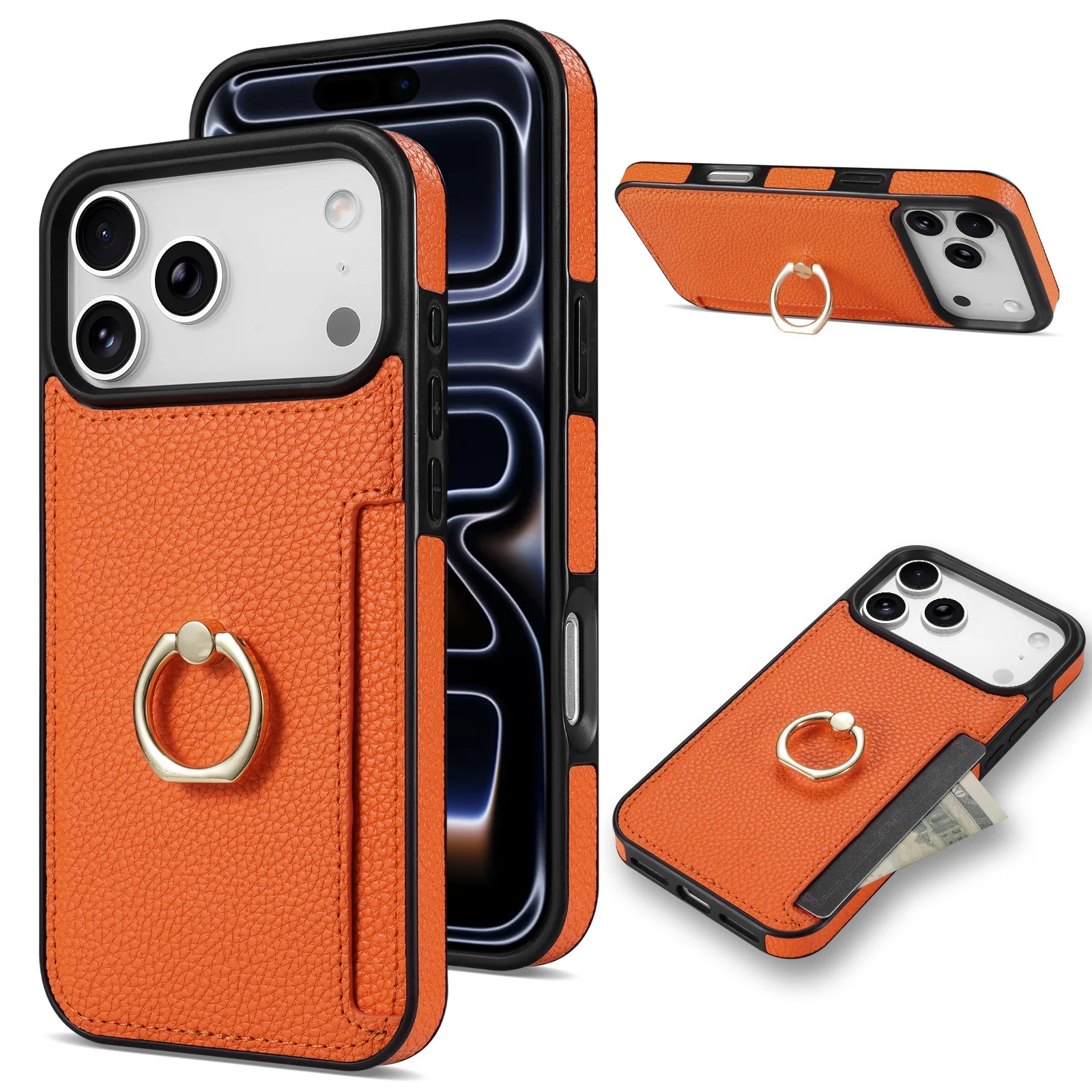 Wallet Ring Bracket With Adjustable And Rotating Leather Case For iPhone 13 14 15 16 17 18 Pro Max Plus Card Slots Kickstand