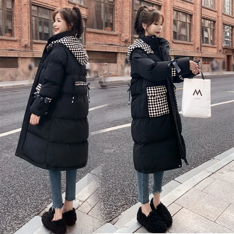 Checkerboard Plaid Down And Cotton Clothes Medium Long 2024 New Women's Black All-in-one Winter Loose Thin And Thick Coat Trend