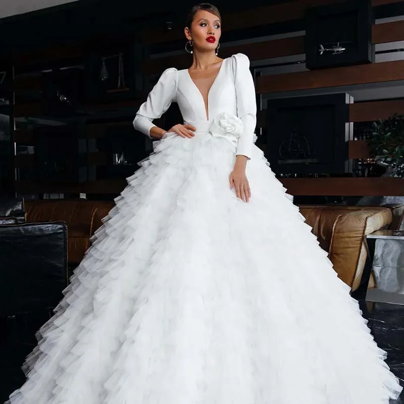 Gorgeous V-Neck Long Sleeve Stain Suit Top Wedding Dresses Puffy A-line Tiered Ruffles Tulle Bridal Gowns Fully Pleated Prom Dre